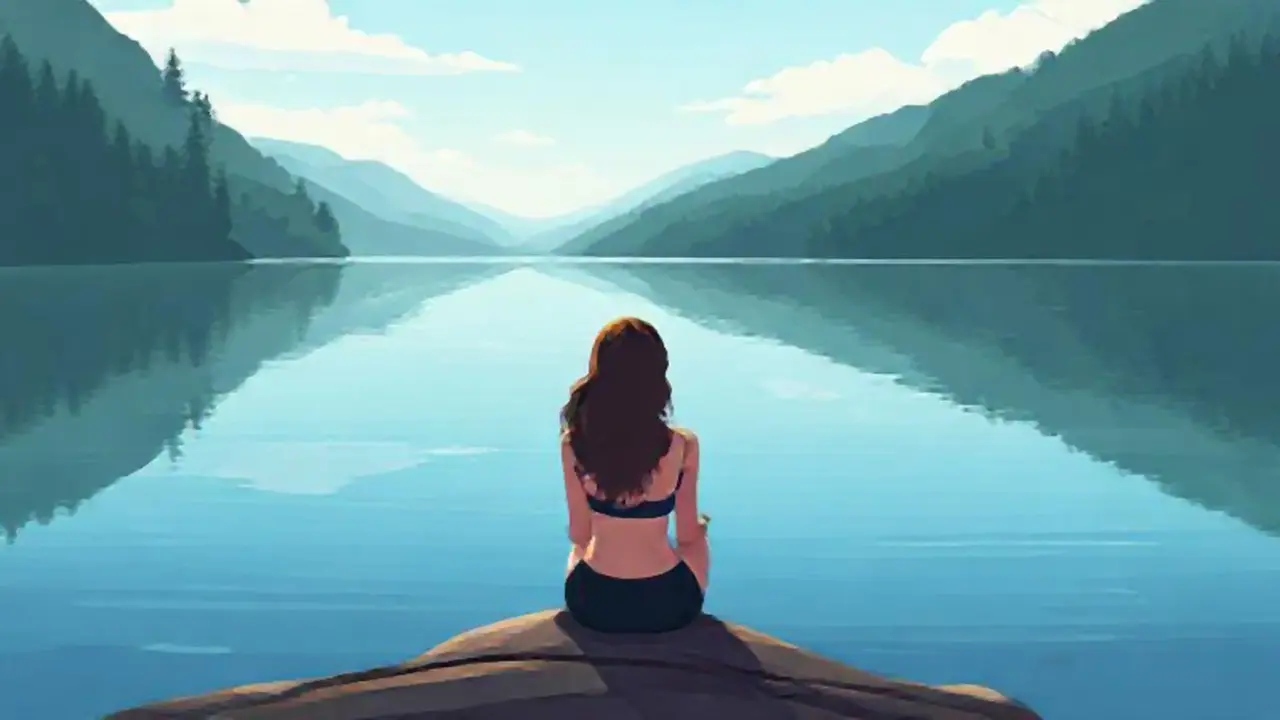 Mujer junto a un lago tranquilo