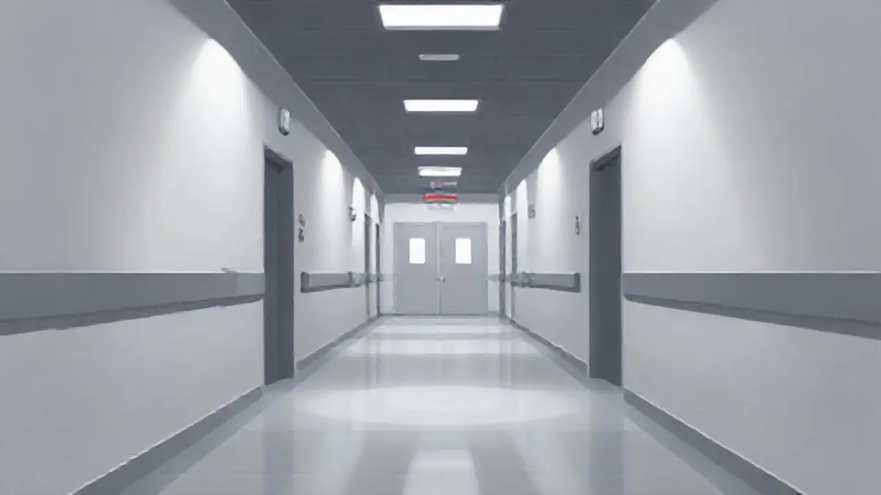 Pasillo hospitalario gris con luz suave