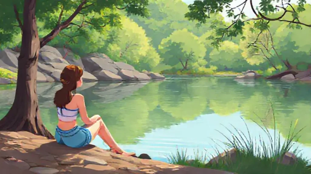 Mujer junto al río tranquilo