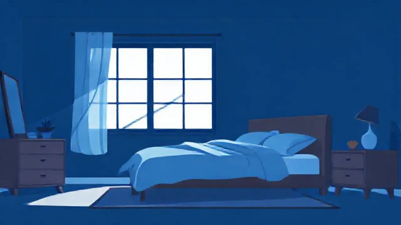Dormitorio azul oscuro con luz suave