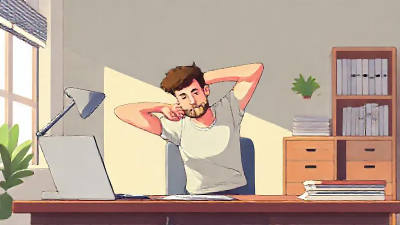 Hombre estirándose en el escritorio