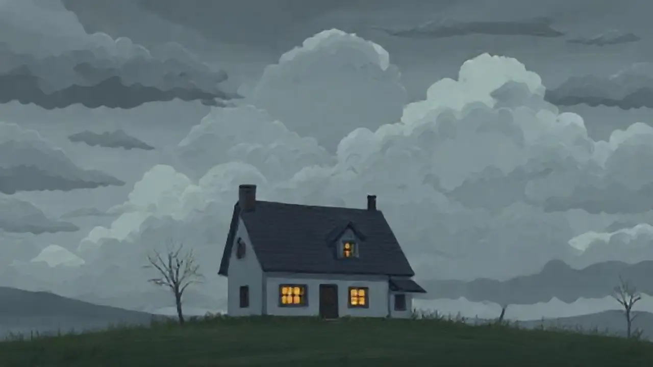 Nubes grises sobre una casa solitaria