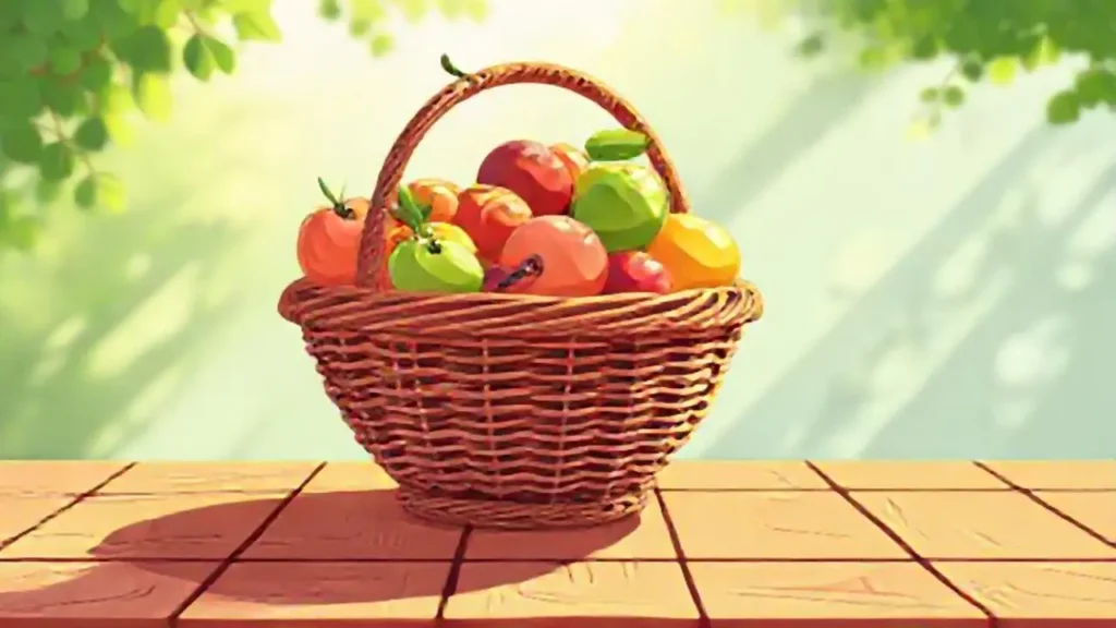 Cesto de frutas brillantes sobre madera