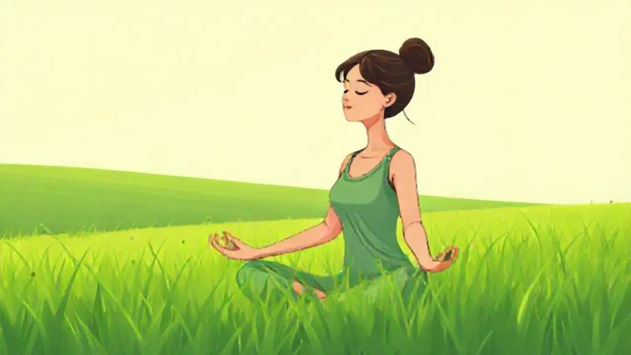 Mujer medita en un campo verde