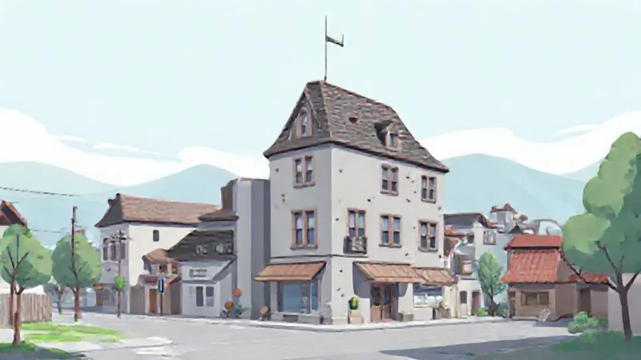 Edificio gris en pueblo pequeño