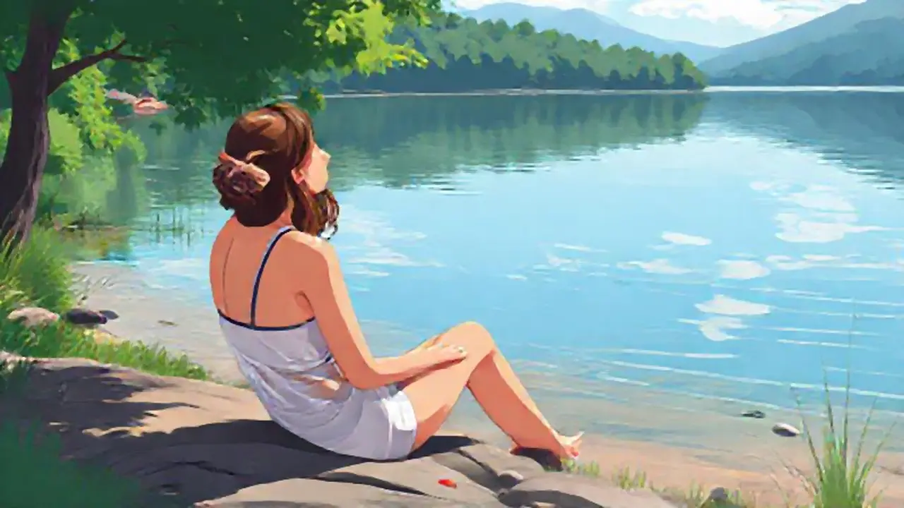 Mujer relajada junto al lago