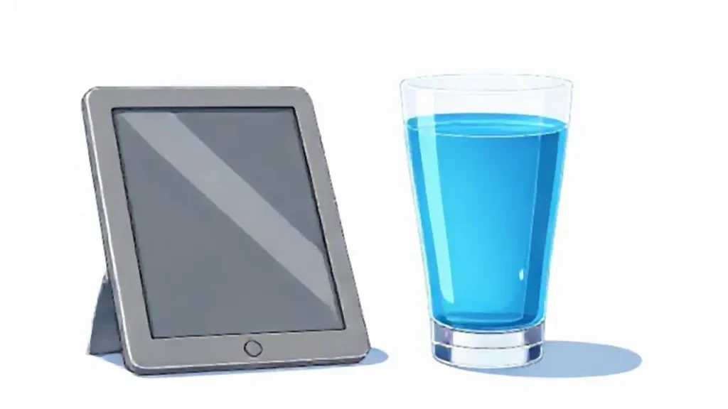Tableta gris junto a cristal azul