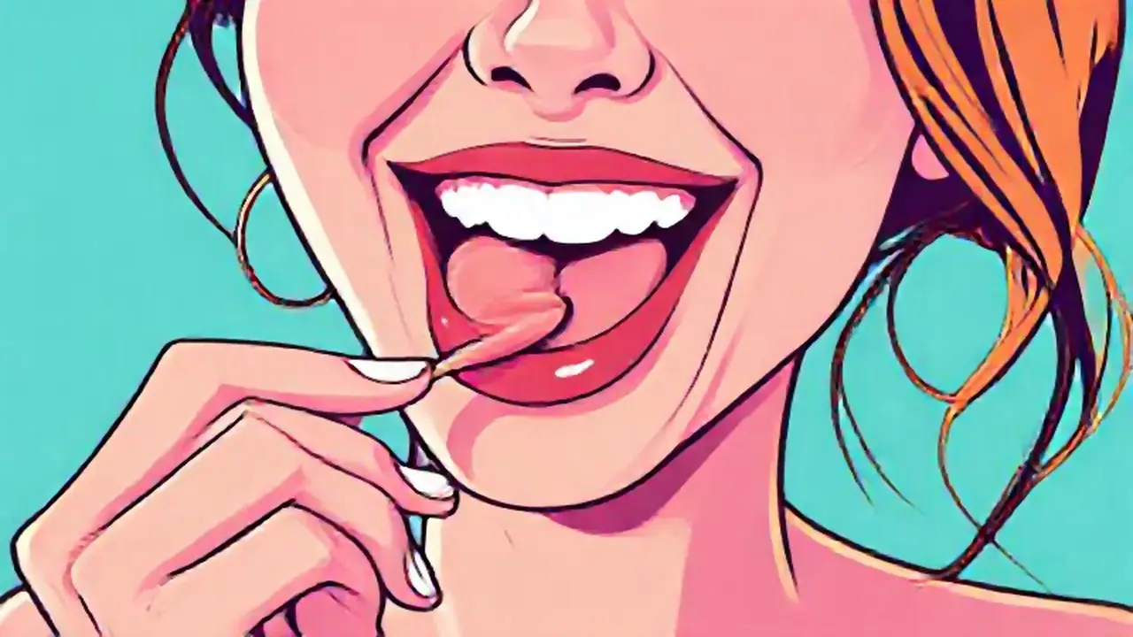 Mujer sonríe cepillando su lengua