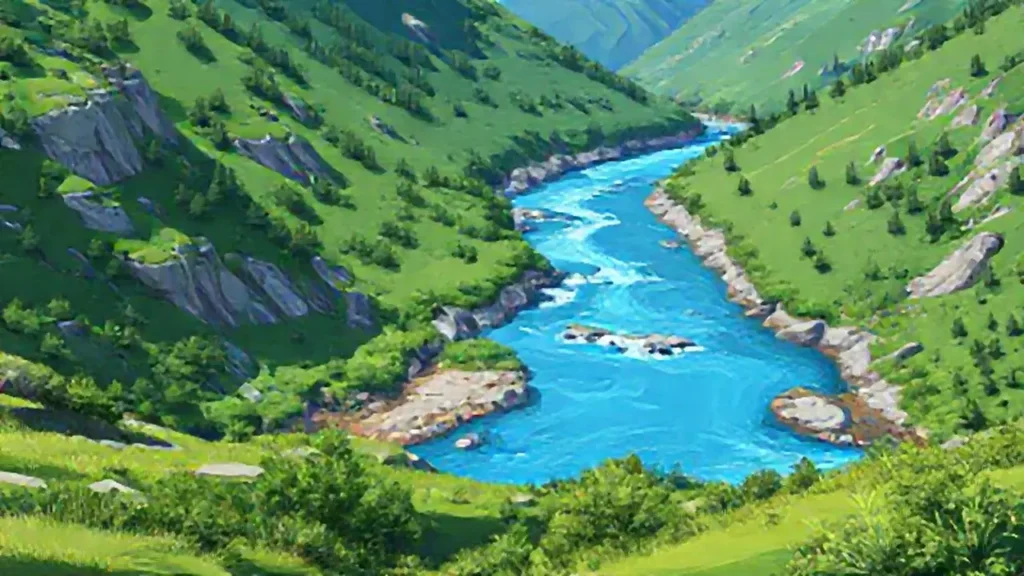 Río azul en valle verde