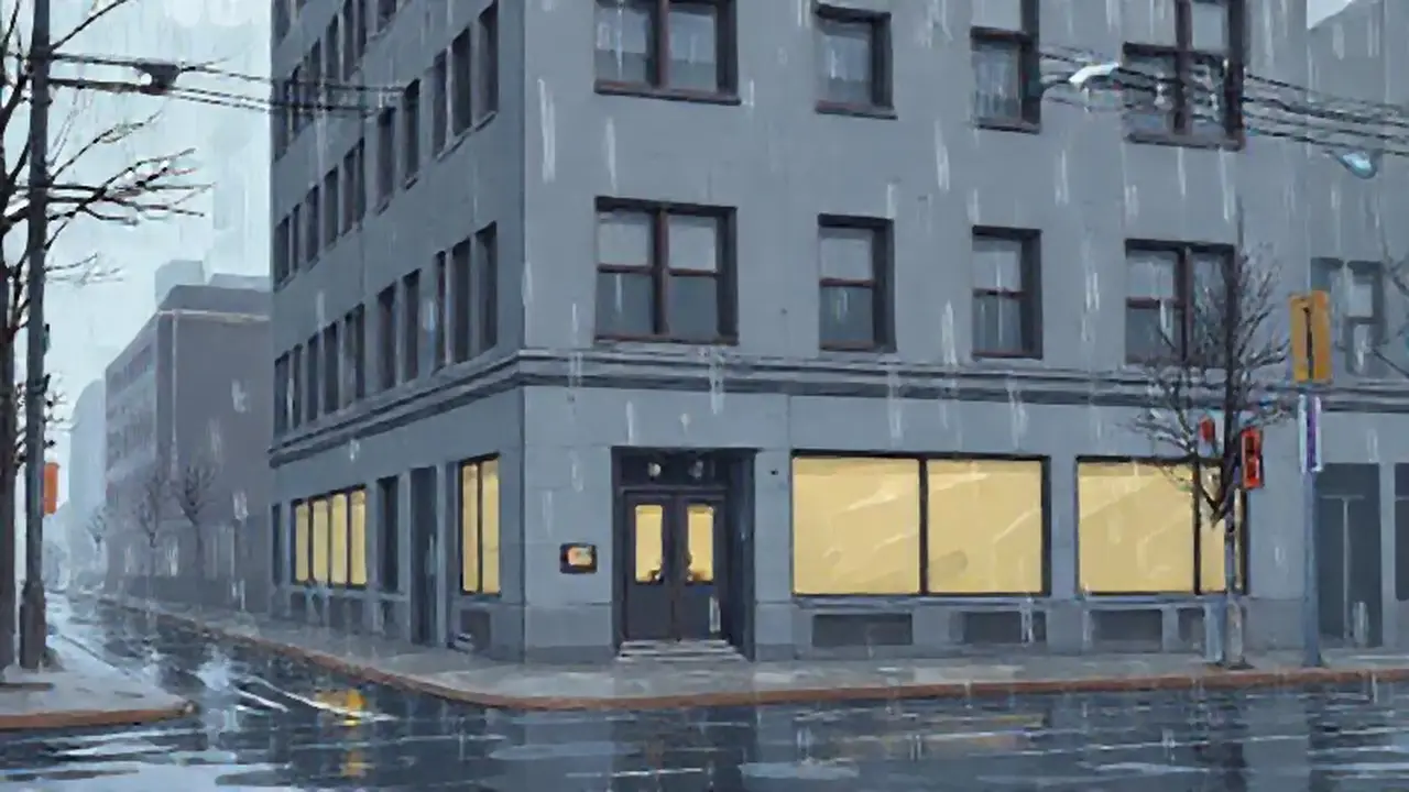 Edificio gris en calle mojada