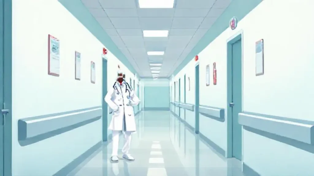 Médico blanco en pasillo hospitalario