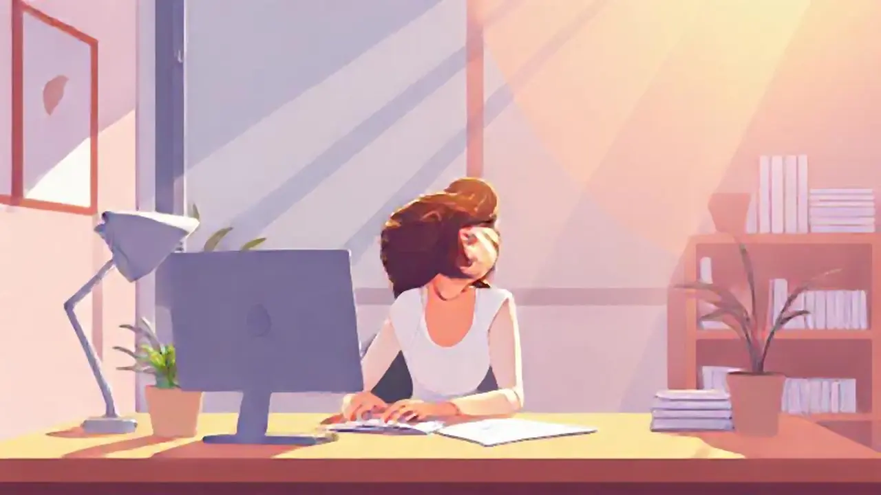 Mujer frente al escritorio, luz solar