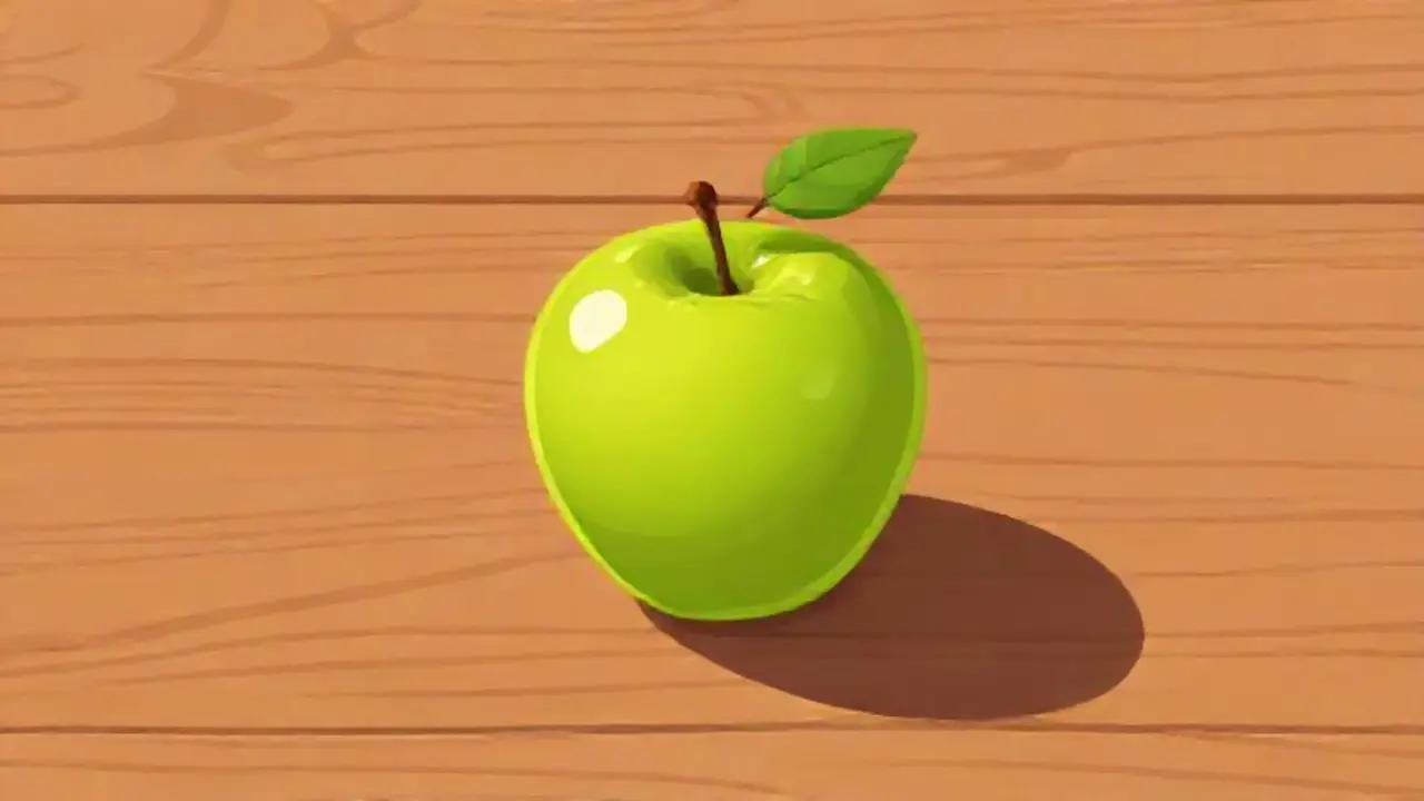 Manzana verde sobre mesa de madera