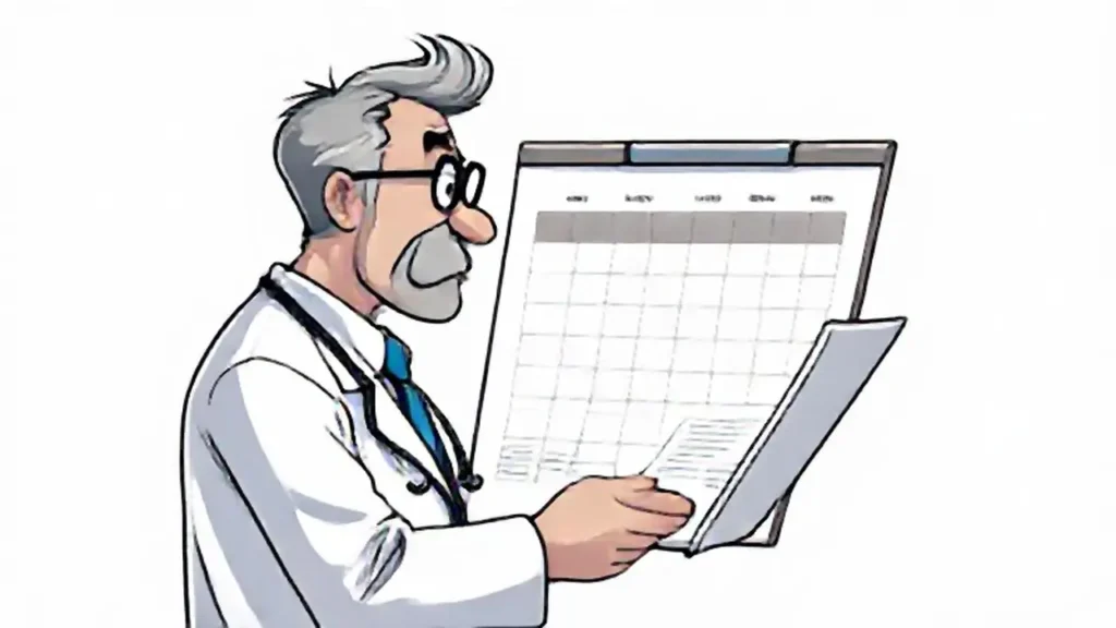 Médico gris examina el informe