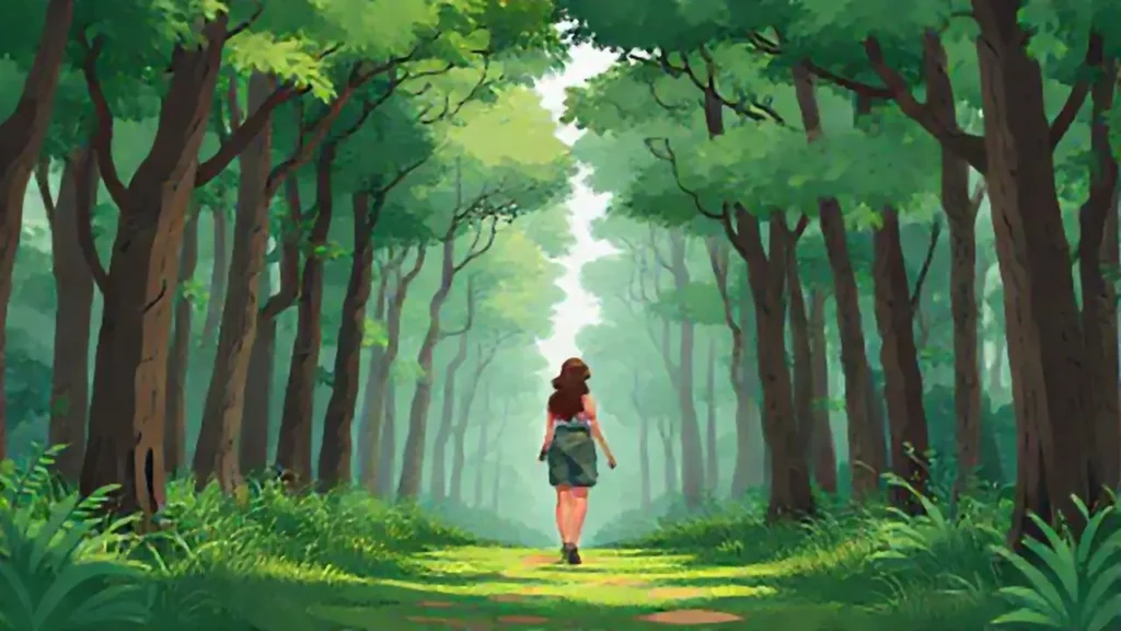 Mujer camina por el bosque verde