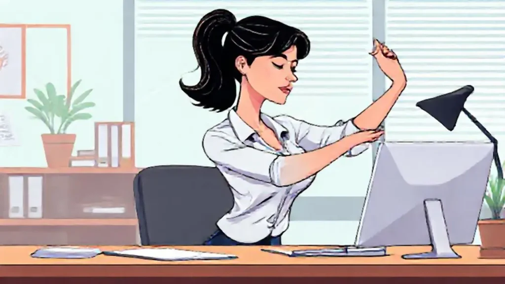 Mujer estirándose en la oficina