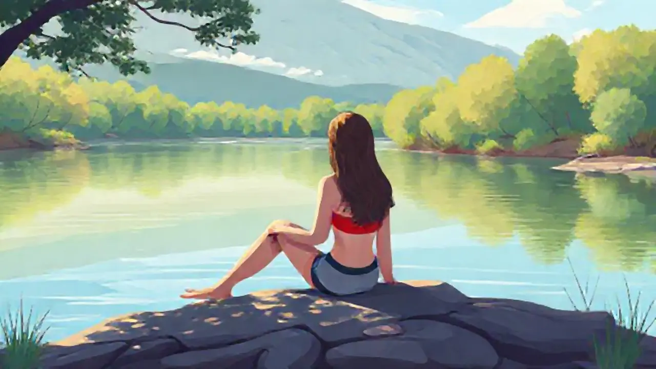 Mujer junto al río sereno