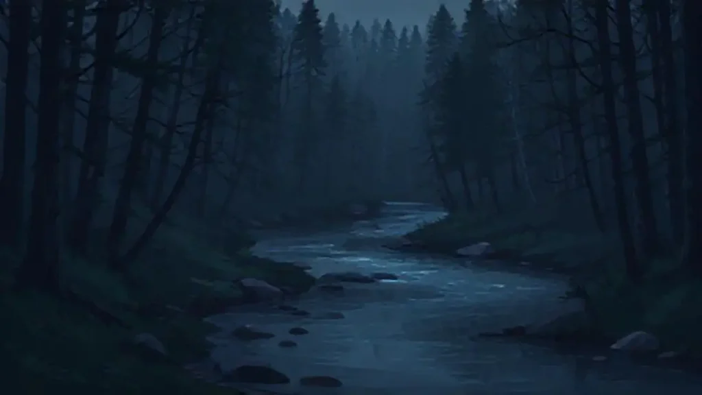 Bosque oscuro junto al río lento