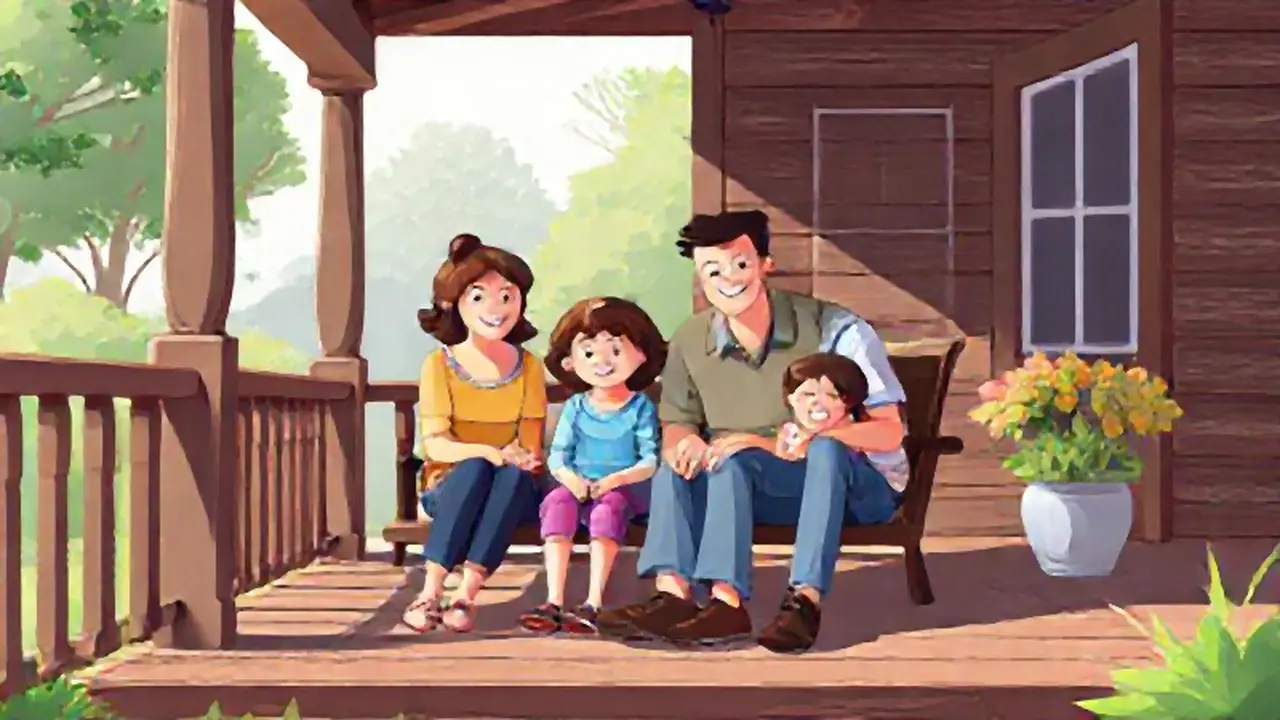 Familia en el porche de madera