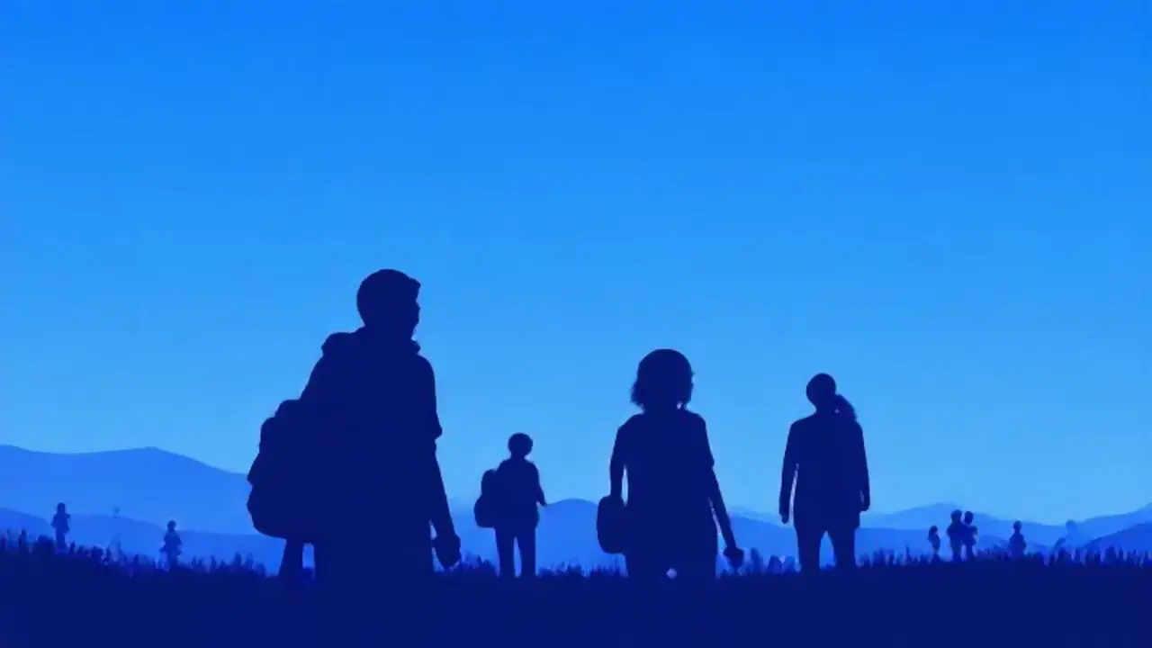 Pantalla azul, figuras lejanas