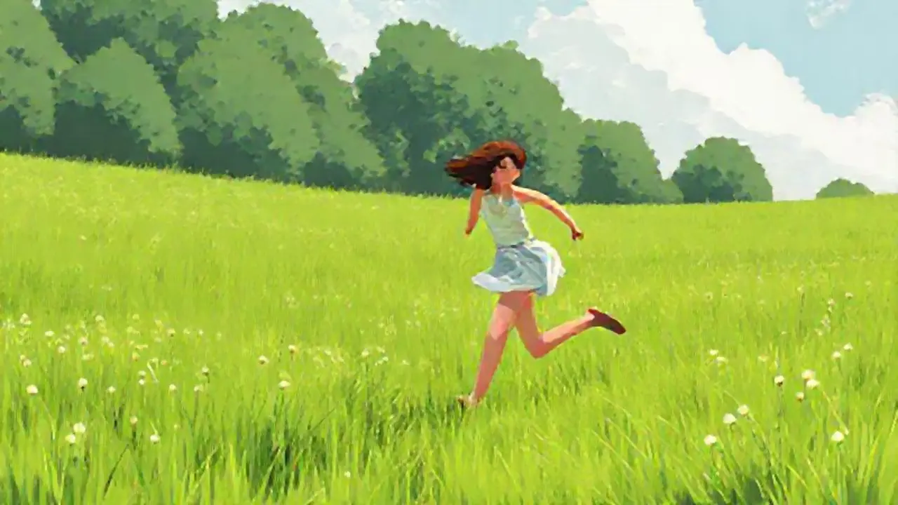 Mujer corre por la pradera verde