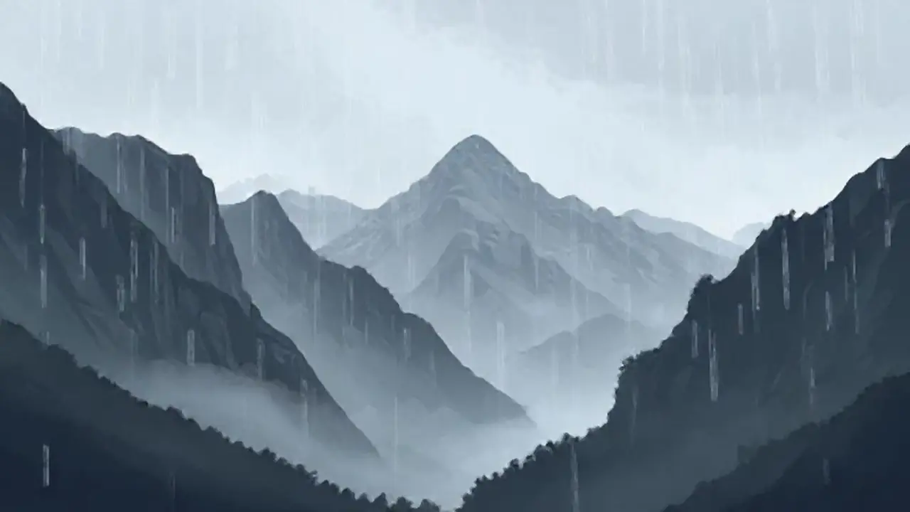 Montañas grises bajo la lluvia lenta