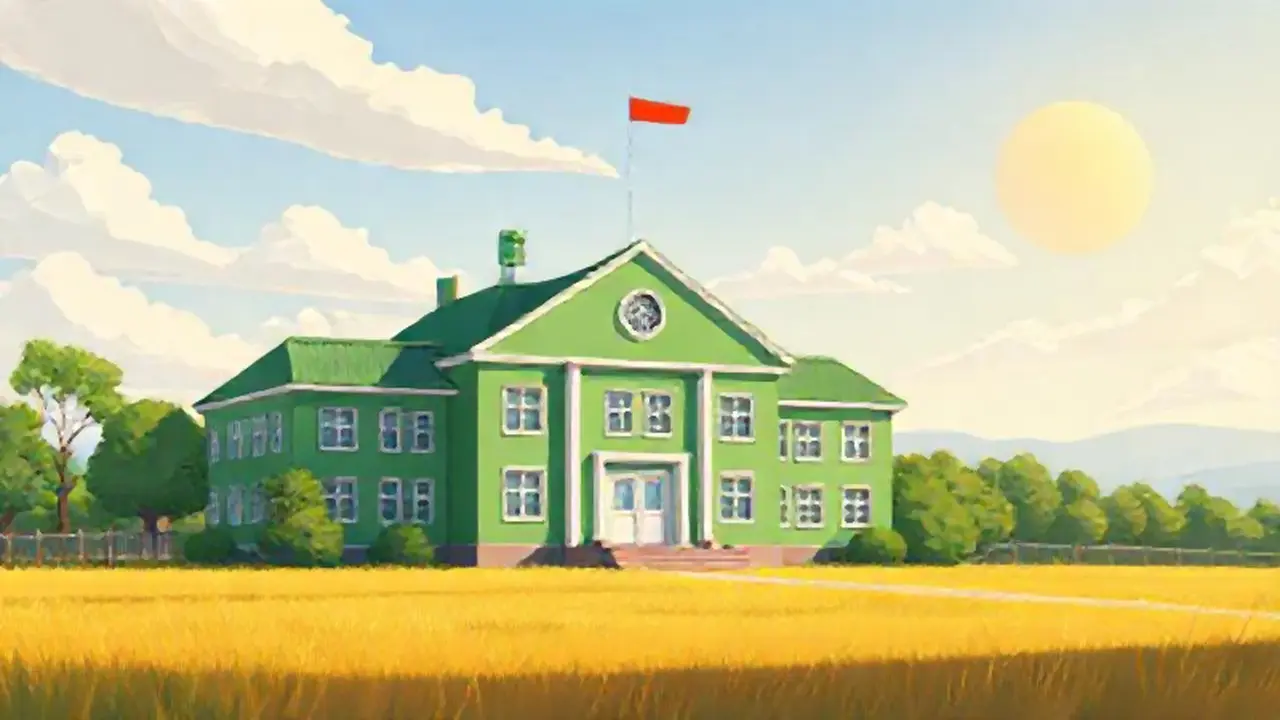 Escuela verde en campo soleado