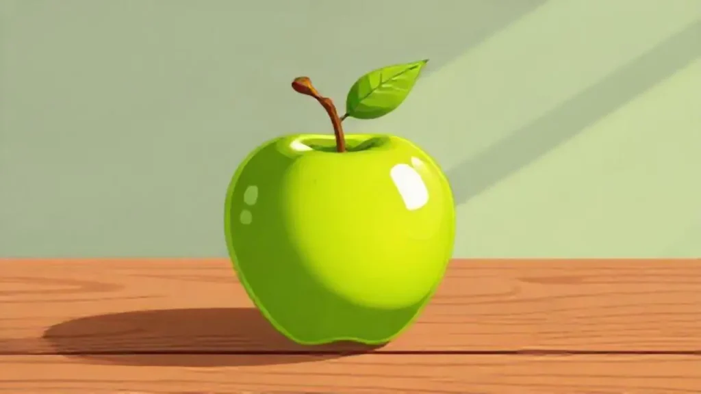 Manzana verde sobre mesa de madera