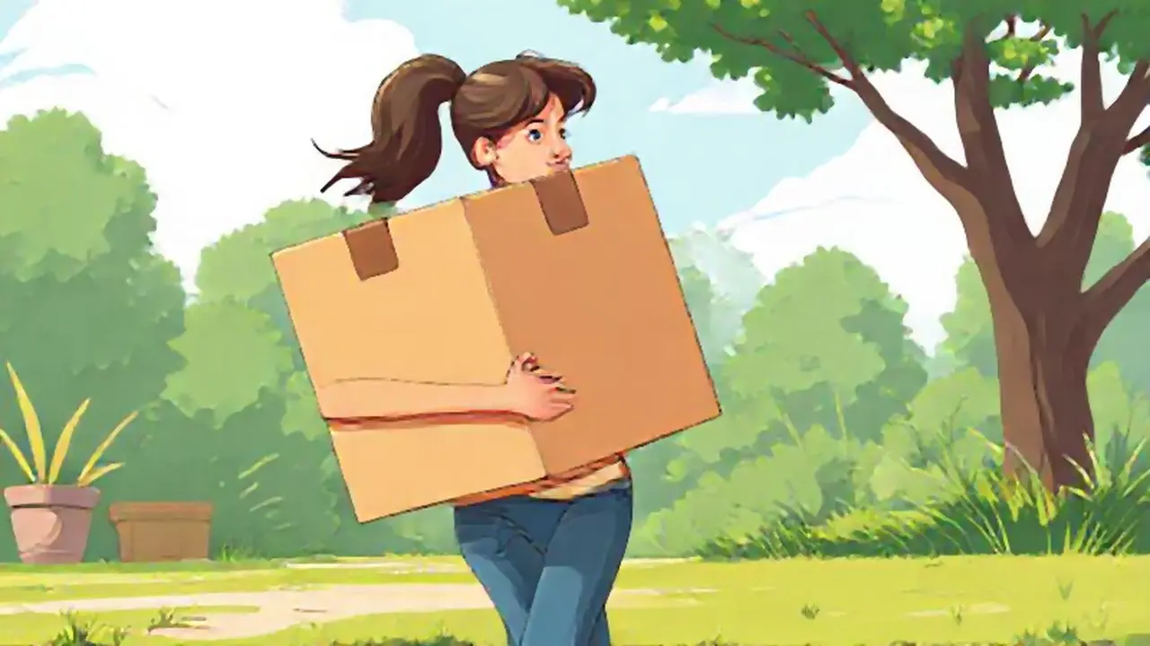Mujer lleva una caja grande afuera
