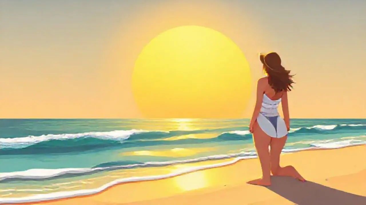 Mujer en la playa, sol dorado