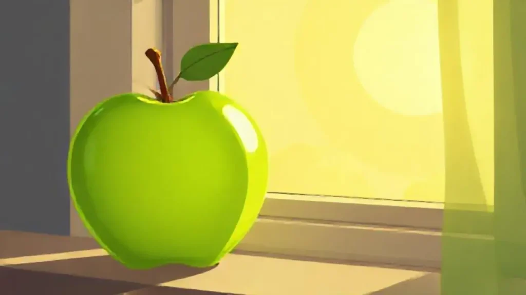 Manzana verde junto a la ventana
