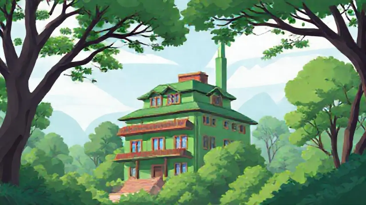 Edificio verde en el bosque