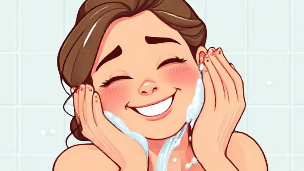 Mujer sonriente lava su cara