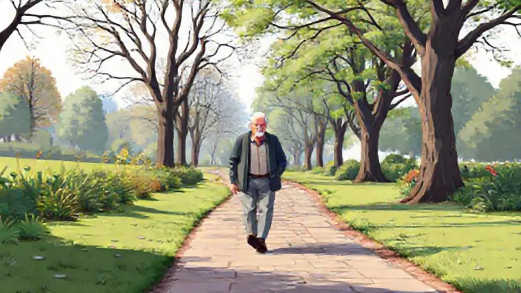 Un anciano camina por el parque