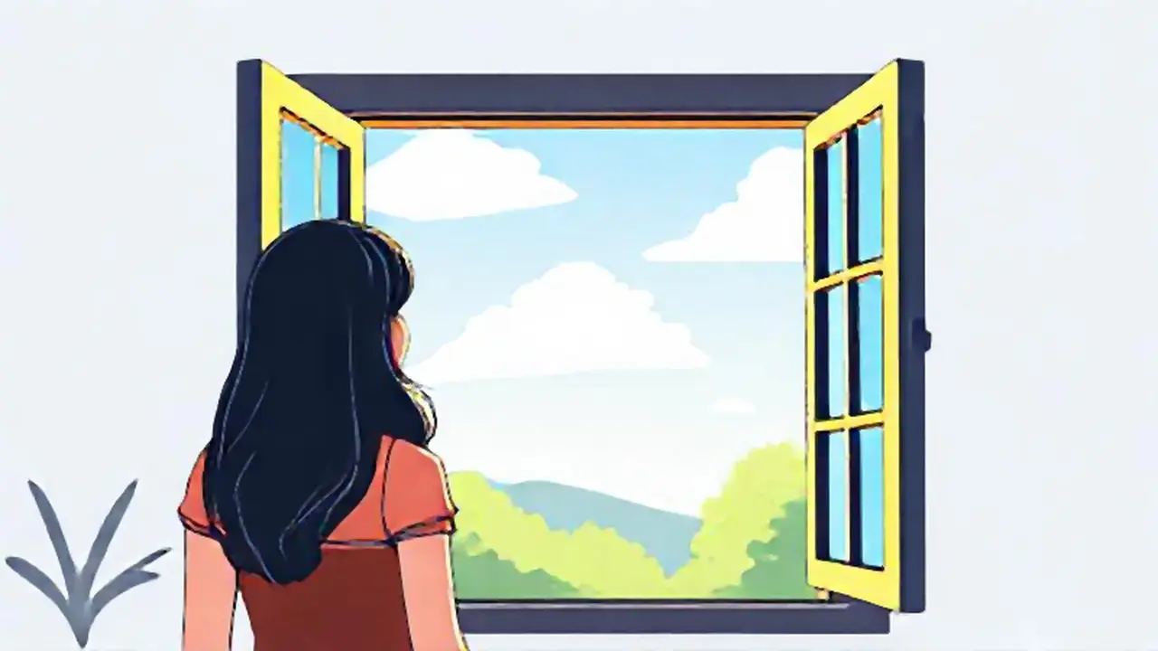 Mujer frente a una ventana abierta