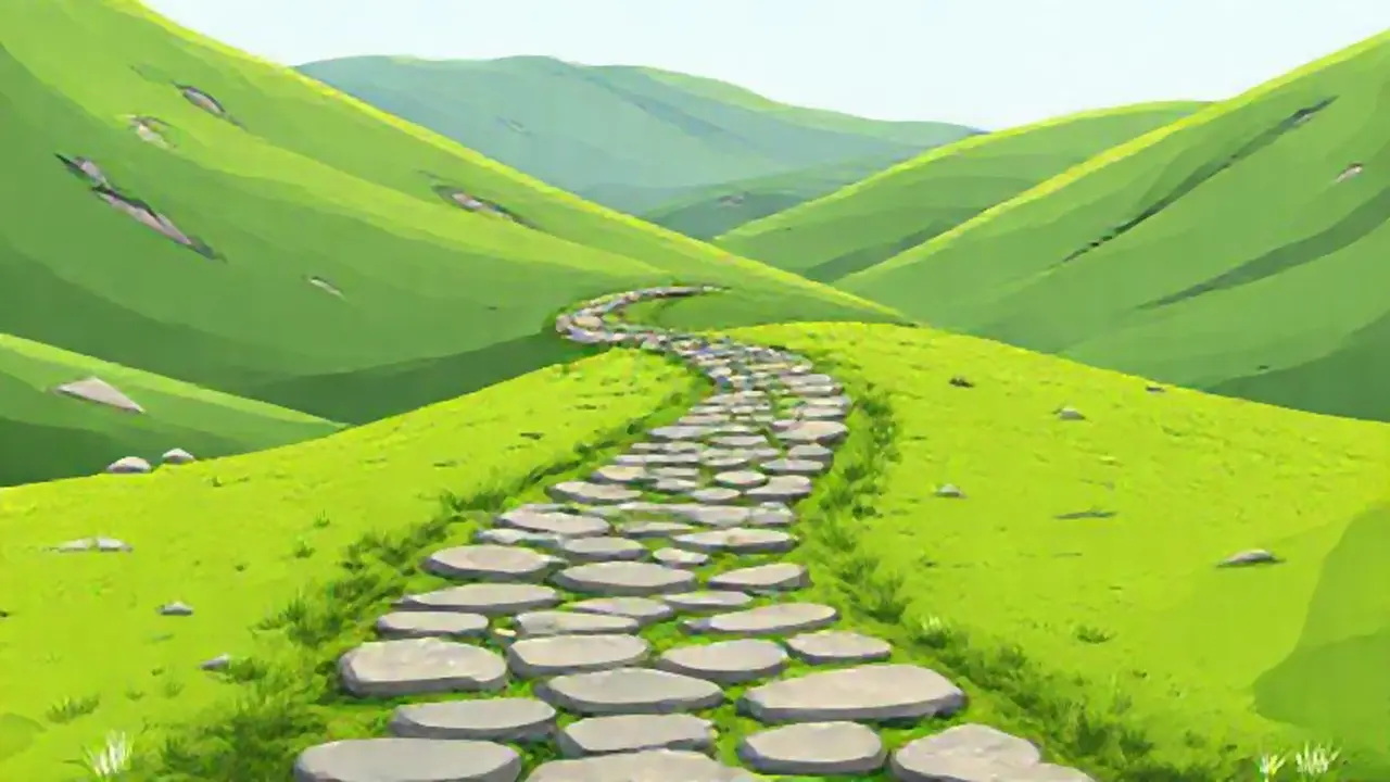 Un sendero de piedra serpentea entre colinas verdes