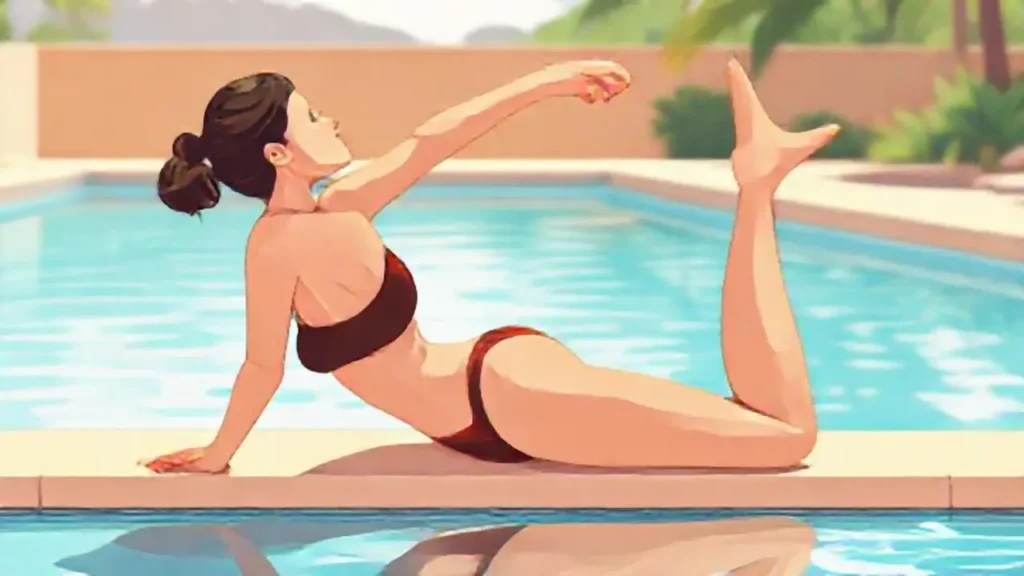 Mujer estirándose junto a la piscina