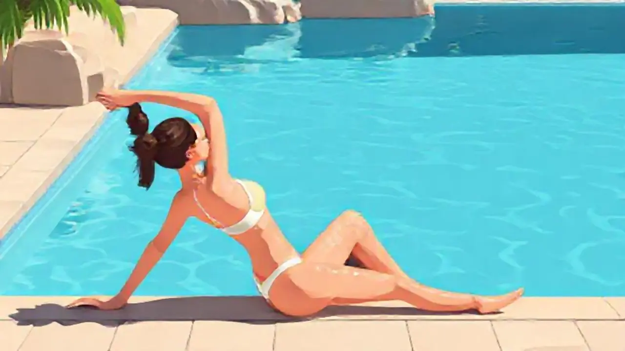 Mujer estirándose junto a la piscina azul