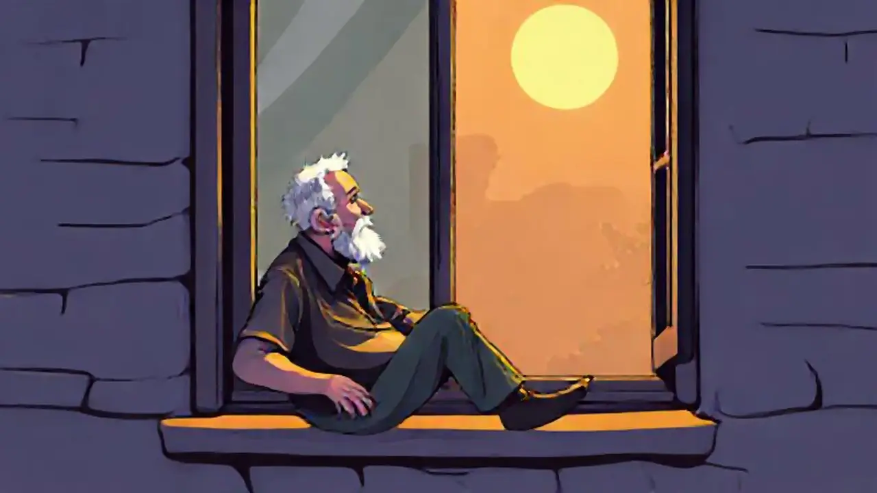 Un anciano se sienta a la ventana