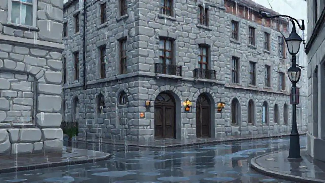 Edificio gris bajo la lluvia