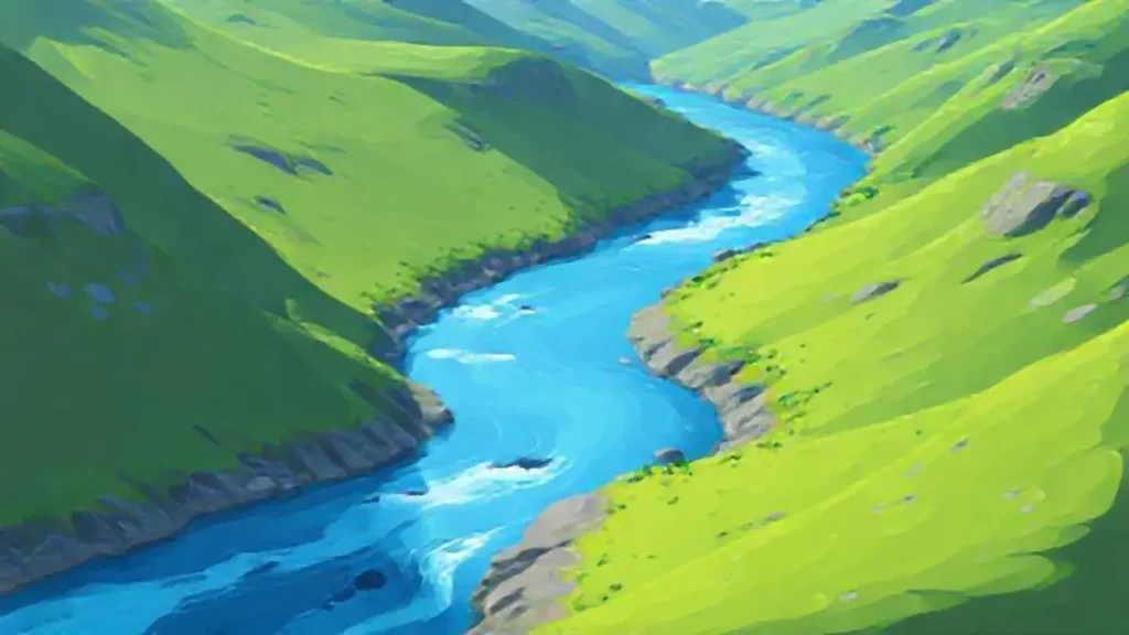 Río azul en verdes colinas