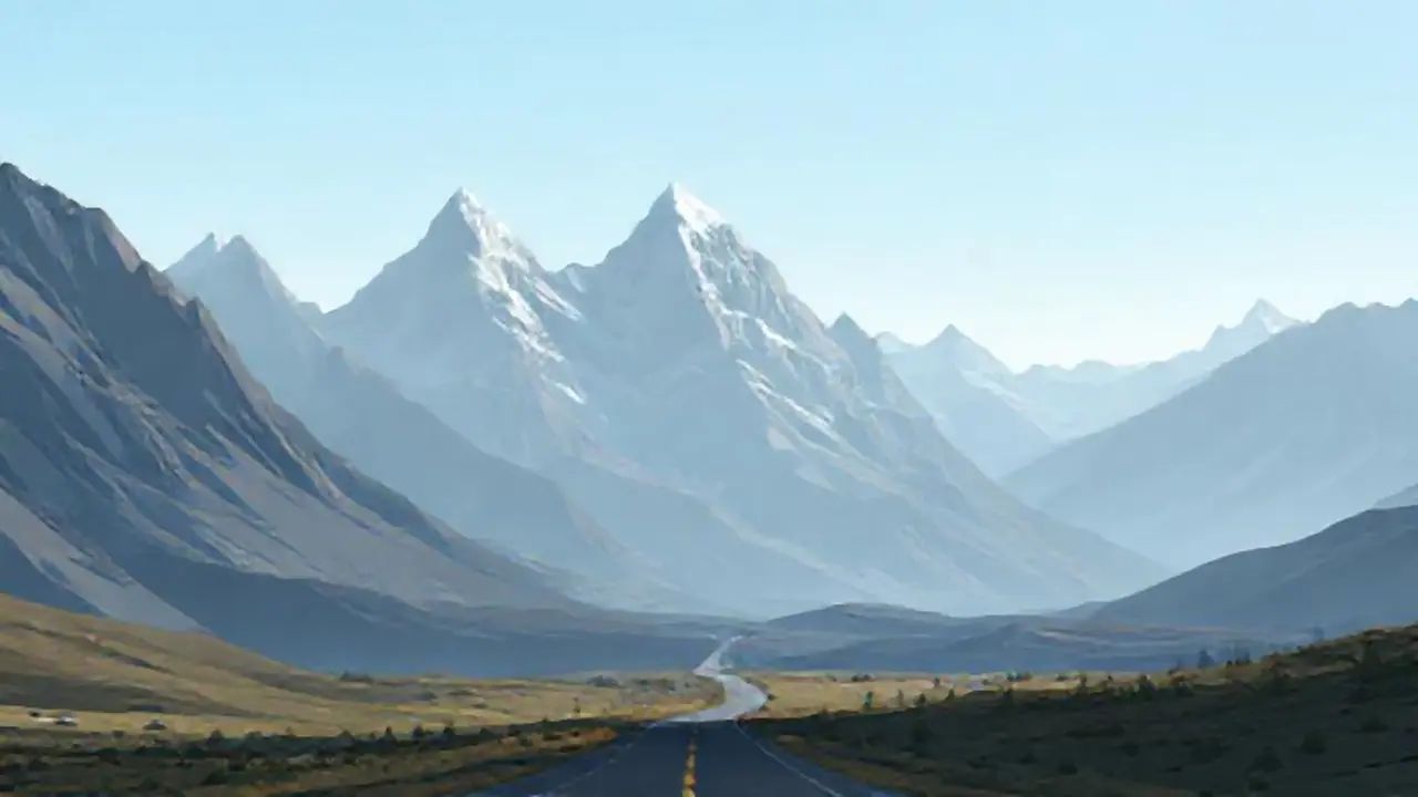 Montañas grises y carretera lejana