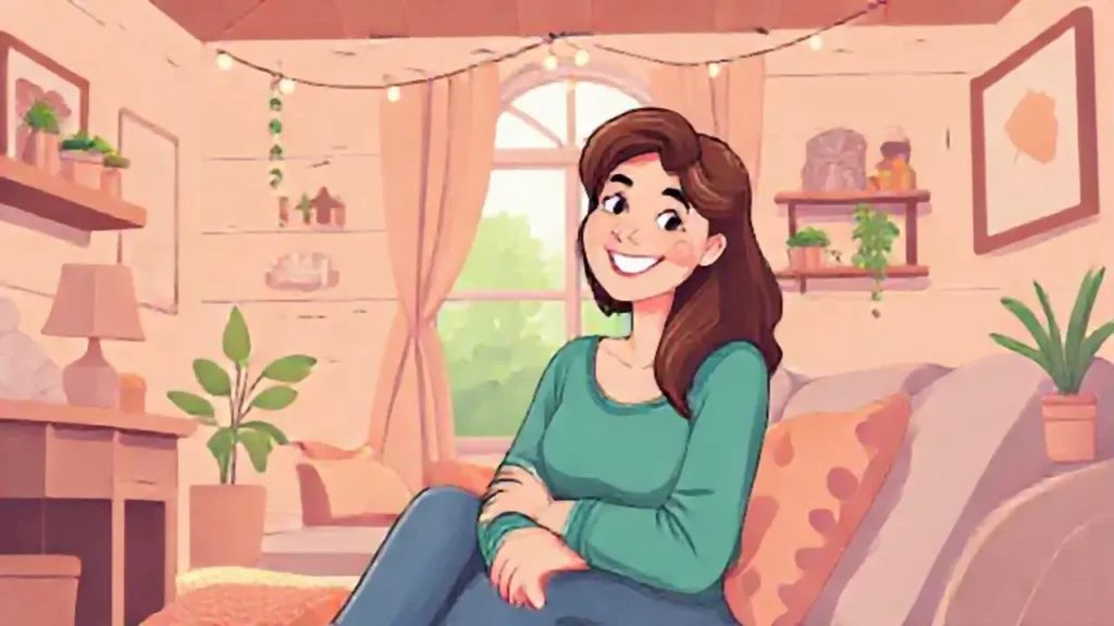 Mujer sonriente en casa acogedora