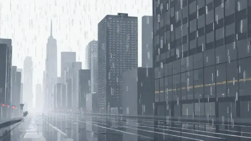 La ciudad gris se reflejaba en la lluvia