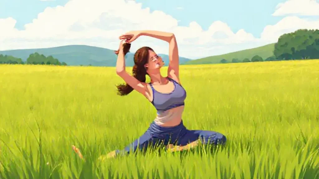 Mujer se estira en el campo