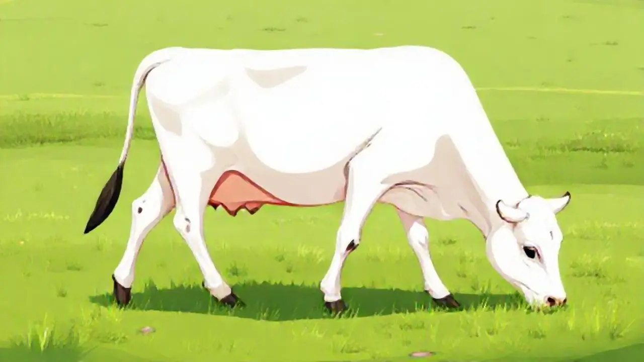 Vaca blanca pastando en verde