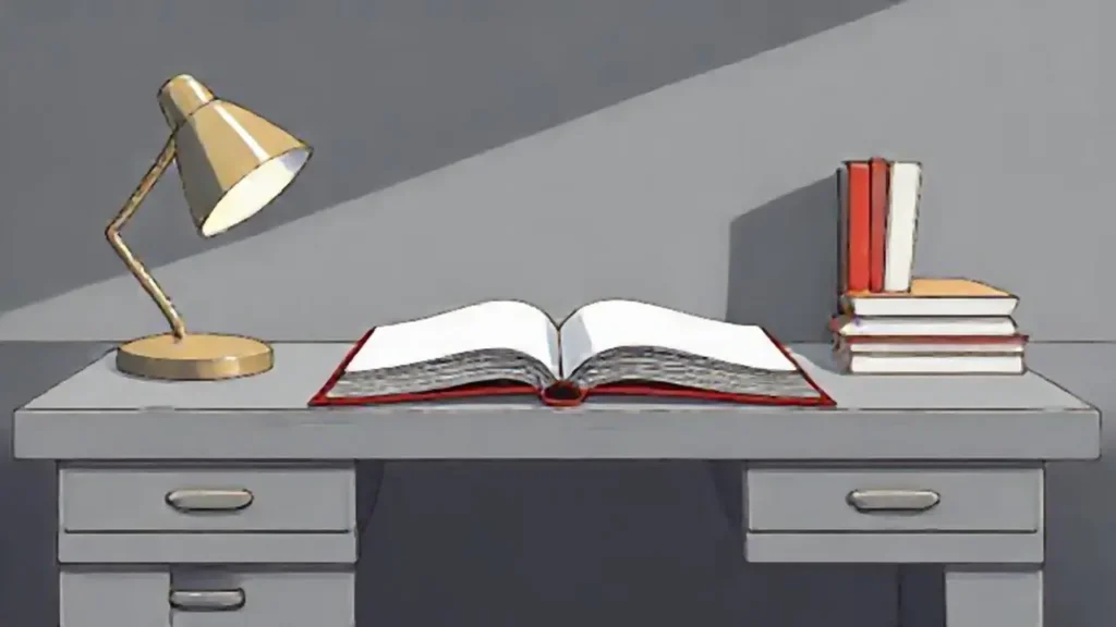 Escritorio gris con libro abierto
