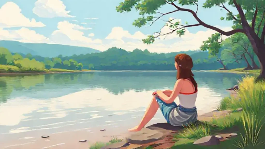 Mujer junto al río tranquilo