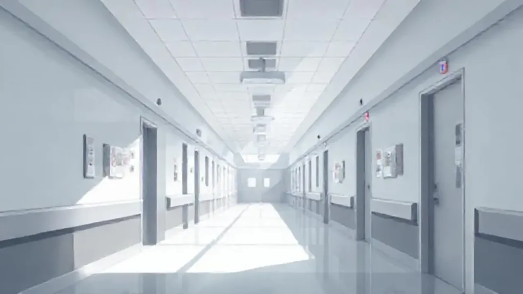 Luz solar en un pasillo hospitalario gris