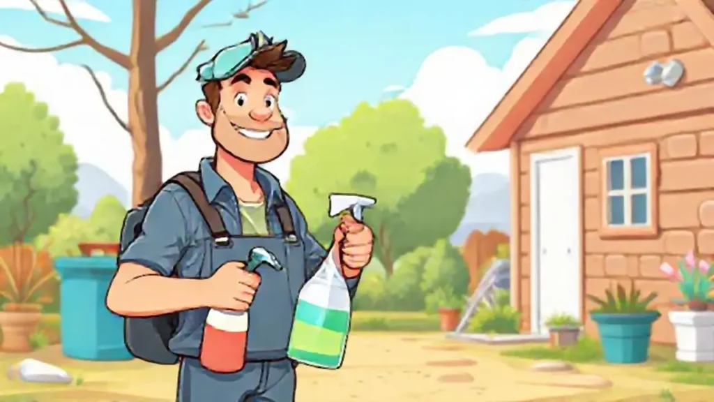 Hombre con productos de limpieza al aire libre